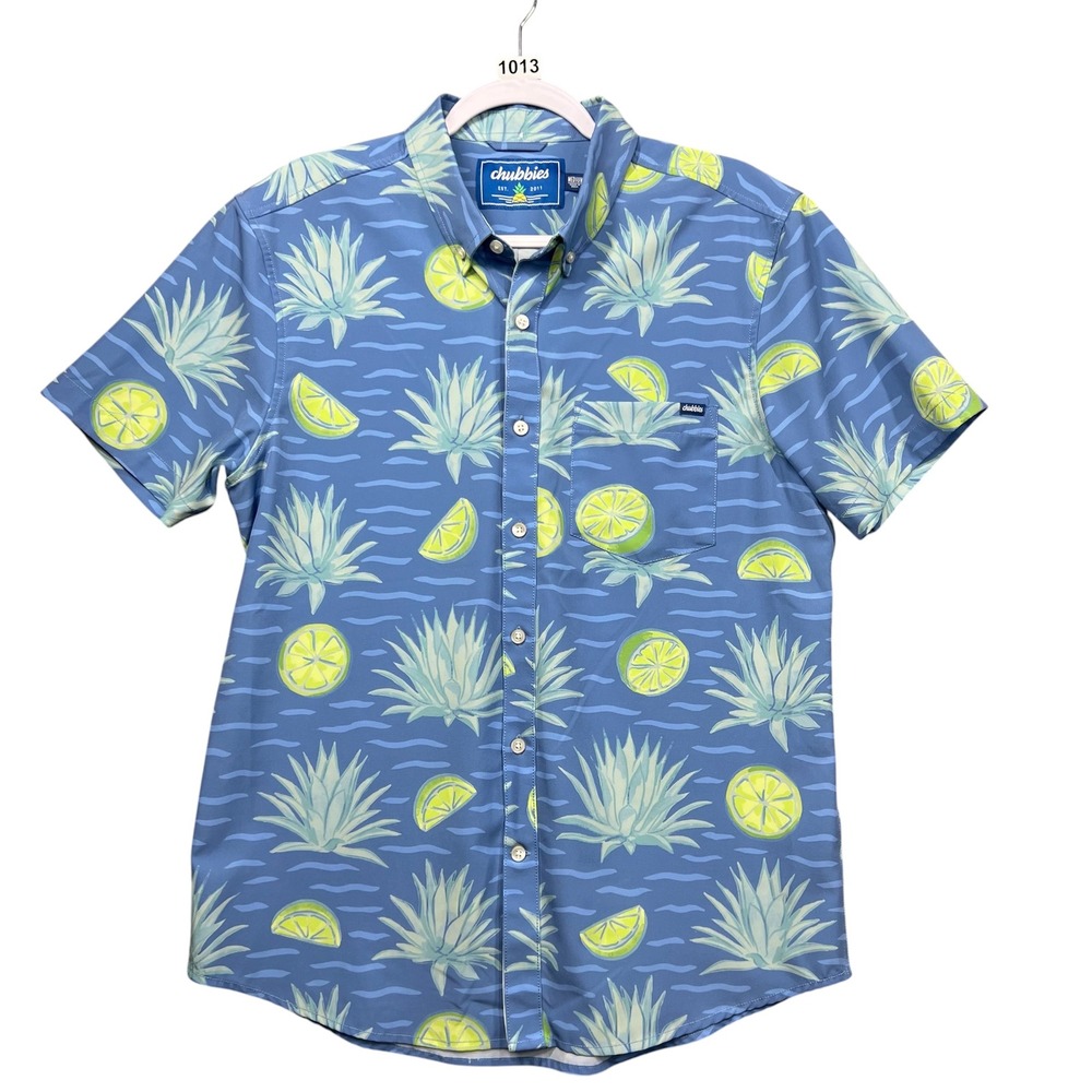 Chubbies Button Down Shirt Mens Medium‎ Blue Agave Lime Tropical Resort Vacation